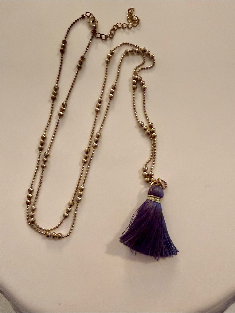 Navy Tassel on Long Gold Tone Chain with Beads Necklace
